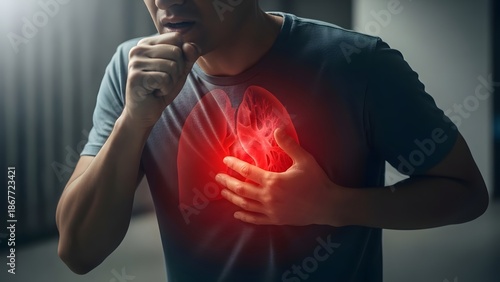 Faceless Adult Holding Chest While Coughing Due to Lung Pain or Respiratory Infection