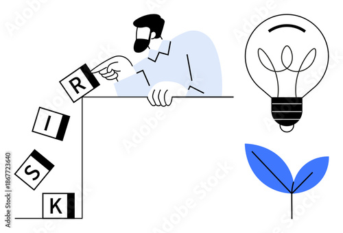Risk management, decision making, innovation, business strategy, problem-solving, sustainable growth. A man prevents blocks from falling over. Risk management and decision-making concept