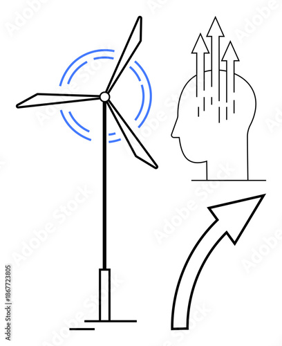 Renewable energy concept. Renewable energy ed by a wind turbine and innovation illustrated through arrows showing growth and ideas. Renewable energy for green solutions, efficiency, sustainability