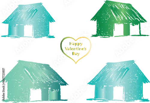 A simple vector illustration showing a set of house icons with a tree representing home and residential property design