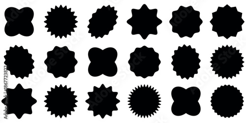 Set of black star burst shape tags for price. Circle sticker. Wavy edge promo badges. Blank sale stickers collection. Design elements of Price sticker, sale sticker, starburst, quality mark, retro.