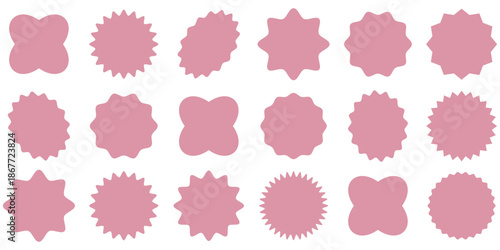 Set of black star burst shape tags for price. Circle sticker. Wavy edge promo badges. Blank sale stickers collection. Design elements of Price sticker, sale sticker, starburst, quality mark, retro.