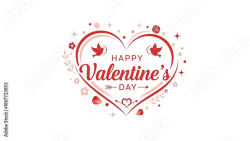 Elegant Valentine’s Day greeting card design featuring a central "Happy Valentine’s Day" typography inside a decorative heart frame. The vector illustration is adorned with romantic elements.