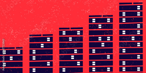 Modern cityscape with sleek skyscrapers in red and dark blue