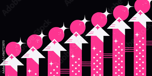 Vibrant pink and white abstract design with sparkling stars on black background