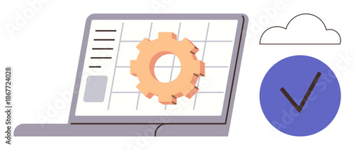 Workflow automation, cloud security, data management, system reliability, technology solutions, task integration. Laptop with gear symbol, checkmark and cloud. Workflow automation and cloud security