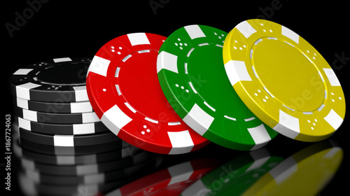 Colorful poker chips stacked together.