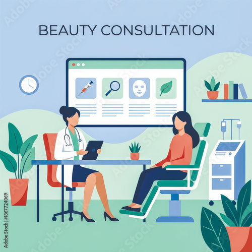 A female doctor or cosmetologist consults with a patient in a modern clinic setting. Vector illustration