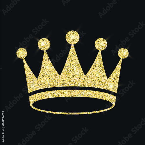 Vector Gold Glitter Crown, Royal Tiara. Luxury Sparkle Emblem on Black. Gold Glitter Crown Icon for Queen and King. Gold Glitter Crown Clipart, Luxury Tiara Logo, Sparkling Jewel