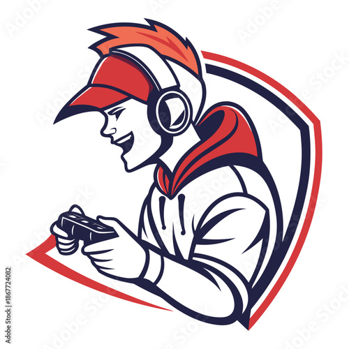 Esports Gamer Mascot Logo with Headset and Game Controller – Modern Gaming Illustration