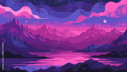 Vibrant purple mountain landscape with serene lake at sunset