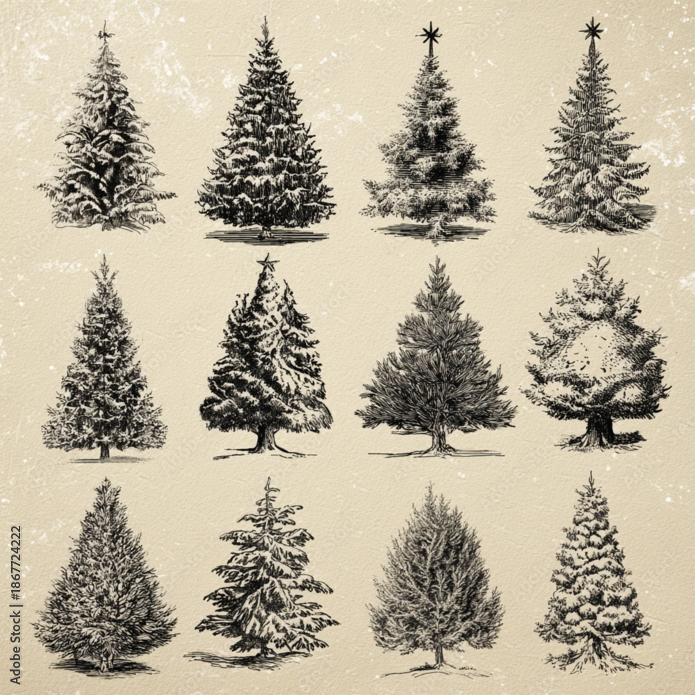 Fototapeta premium Collection of snow covered pine trees.