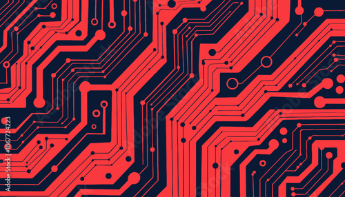 Vibrant red circuit board pattern with dynamic black background