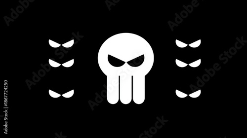 White skull symbol with angry eyes.