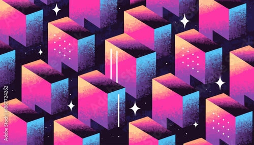 Vibrant geometric pattern with colorful 3D cubes and stars