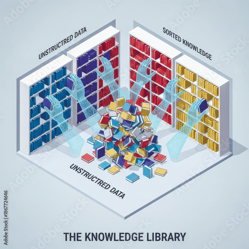 Isometric illustration of AI hands sorting unstructured data (books) into a structured knowledge library. Conceptualizes big data, machine learning, and information management.. Vector illustration