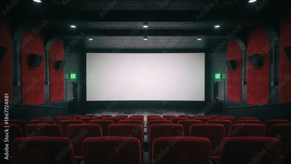 Fototapeta premium Silent movie hall awaits audience with empty seats and dark blank screen