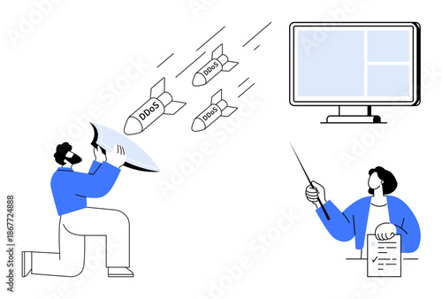 Man with shield blocking incoming DDoS attacks, woman presenting analysis next to computer screen. Ideal for cybersecurity, protection, data safety, IT management, risk mitigation, teamwork, simple