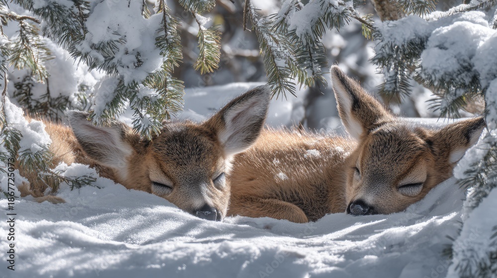 Obraz premium Two young cervids rest peacefully nestled in deep winter snow under evergreen branches