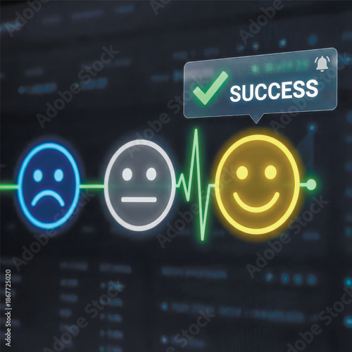 From a sad face to a smiling one, this graphic represents the journey of improving customer satisfaction, tracked on a digital dashboard and ending in success.. Vector illustration