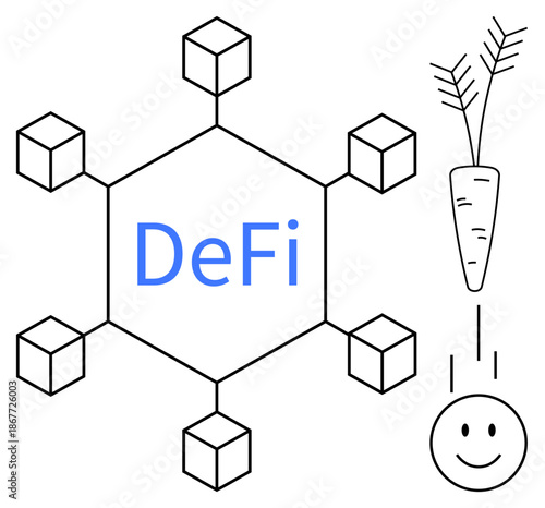 Decentralized finance concept. Decentralized finance by hexagonal blockchain network and DeFi text. Minimal visuals include blockchain design and symbolic growth metaphor. For cryptocurrency