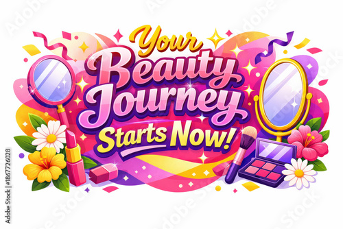 Your Beauty Journey. Seasonal holiday banner with promotional slogan, bright high-impact beauty marketing banner focused on new