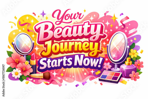 Your Beauty Journey. Seasonal holiday banner with promotional slogan, bright high-impact beauty marketing banner focused on new
