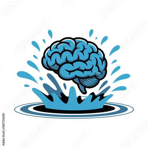 A blue anatomical brain splashes into water creating ripples in a circle.