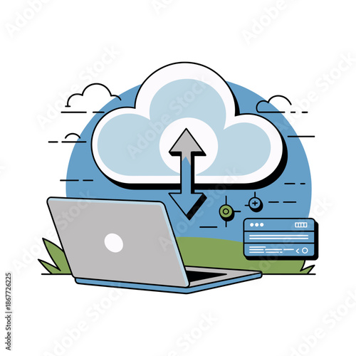 Laptop computer shows cloud data upload and download arrows outdoors.