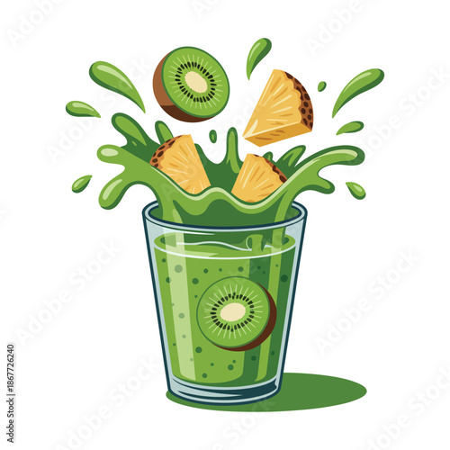 Kiwi and pineapple pieces splash into a healthy green smoothie drink.