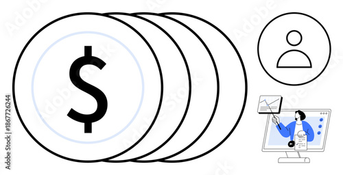 Financial management. Dollar coins highlighted alongside a user icon and a woman presenting data analysis. Financial planning, digital tools, and user-centric analytics. Perfect for fintech