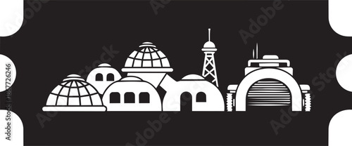 Futuristic space colony city on alien planet ticket stub design