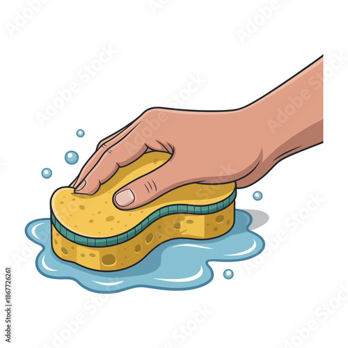 Hand firmly squeezes a yellow cleaning sponge resting in blue water.