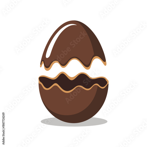 A rich chocolate Easter egg is depicted cracked open revealing its.