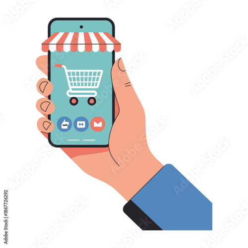 Hand holds smartphone displaying online storefront with shopping cart icon.