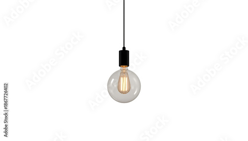 A glowing light bulb suspended from a black cord on transparent background