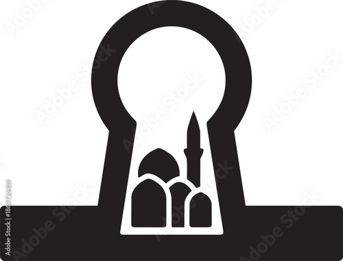 Middle eastern city view through keyhole silhouette featuring mosque domes and tall minarets