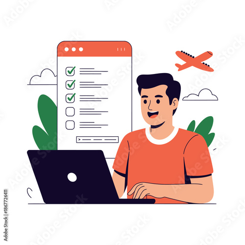 Man smiles using laptop while completing online travel booking form.