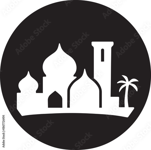 Middle eastern city silhouette in circle with mosque minaret and palm tree