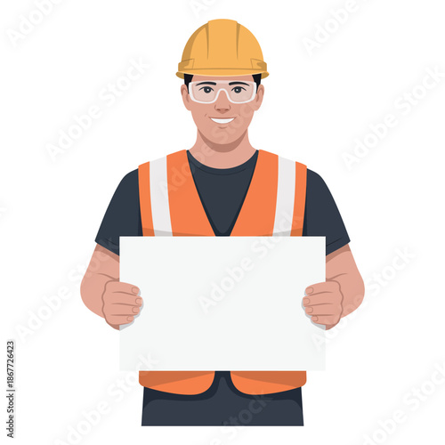 Construction worker in safety gear smiles while holding a large blank.