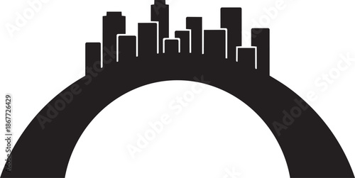 Modern city skyline silhouette icon set with urban buildings on arch base for logo and design