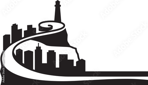 Modern city skyline silhouette on cliff edge with winding road leading up to tall lighthouse