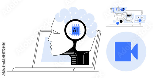 Artificial intelligence, machine learning, digital transformation, video technology, education, futuristic design. Digital brain inside a laptop with AI chip and video communication icon. Artificial