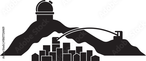 Mountain observatory and cityscape with bridge linking peaks over urban buildings silhouette