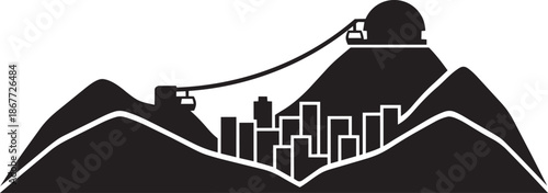 Mountain landscape with city, observatory, and cable car system connecting peaks