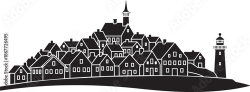 Seaside town silhouette with densely packed houses and tall lighthouse structure