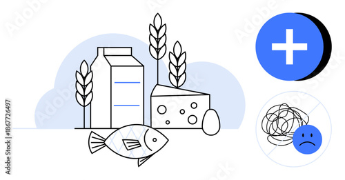 Food allergies. Depiction of potential allergens thumbs up dairy, fish, and gluten alongside emotional effects such as stress. Food allergies impact health, diet, and mental well-being. Ideal