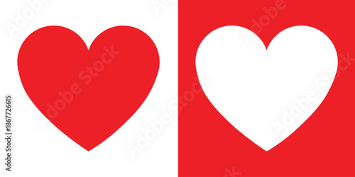 Minimalist heart icons in red and white. Split screen design featuring a red heart on white and a white heart on red. Flat vector illustration for Valentine's Day, love, and romantic concepts.