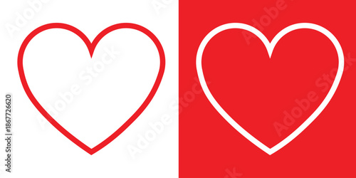 Minimalist heart icons in red and white. Split screen design featuring a red heart on white and a white heart on red. Flat vector illustration for Valentine's Day, love, and romantic concepts.