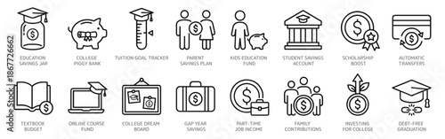 Education finance and college savings line icon collection for tuition planning and student investment